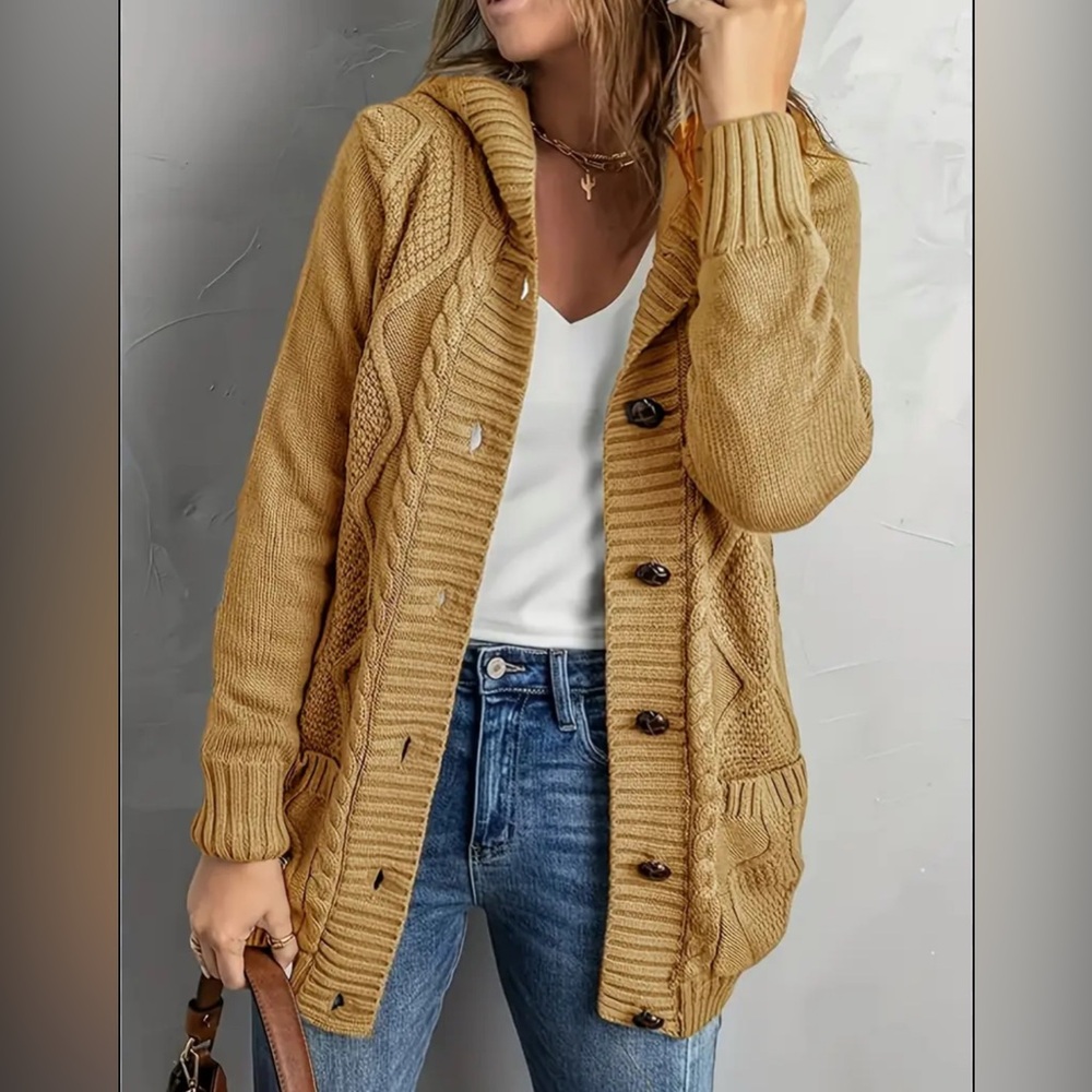 Cable Knit Hoodie Cardigan - Khaki